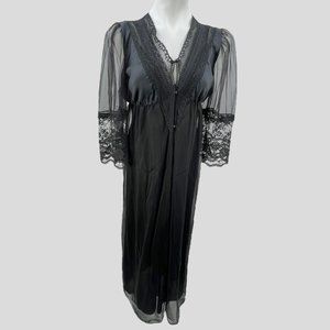 Vintage 60s 70s Peignoir Set  Black Nylon Lace Trim Full Length